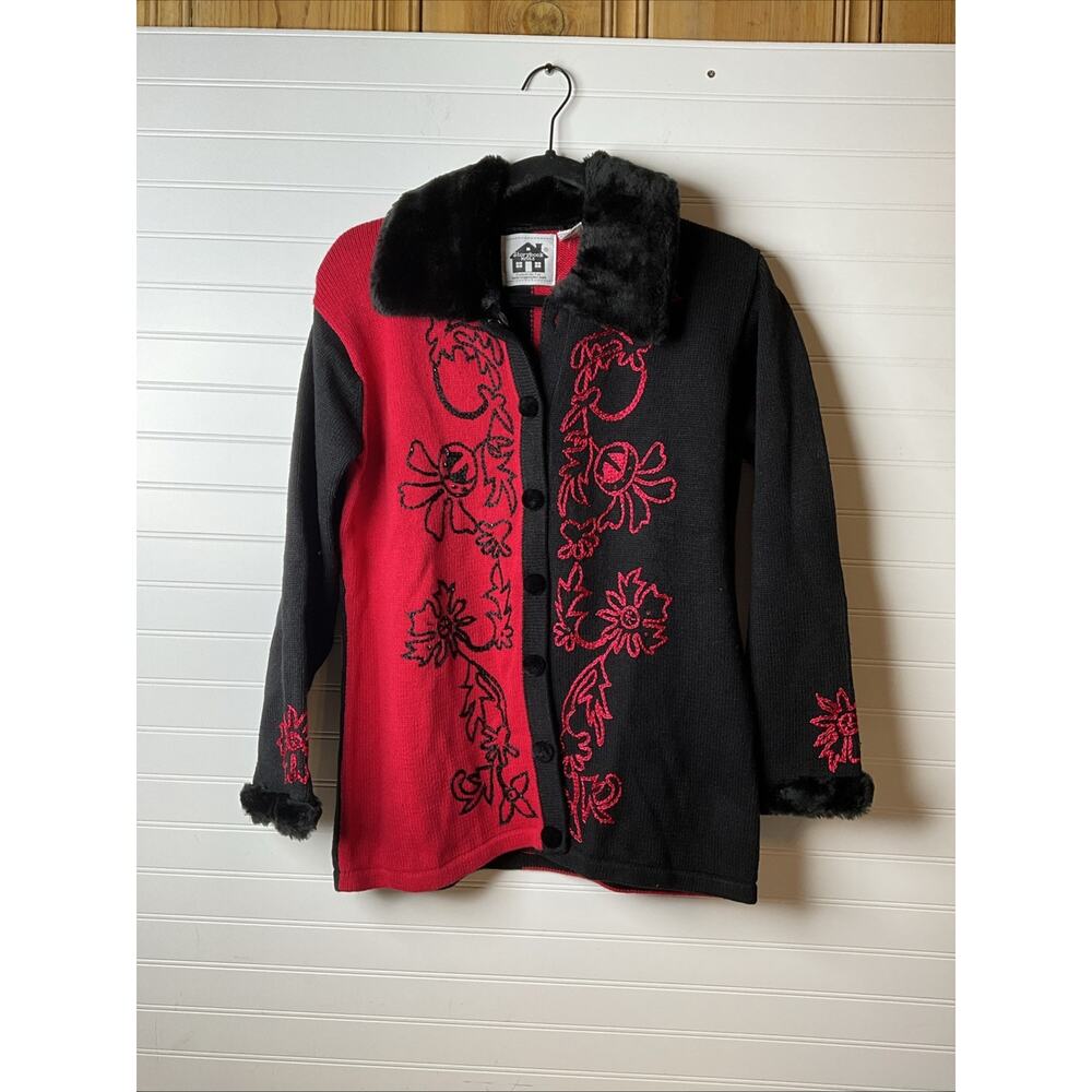 Women's S Storybook Knits Button-Up Collared Cardigan Red Black Colorblock
